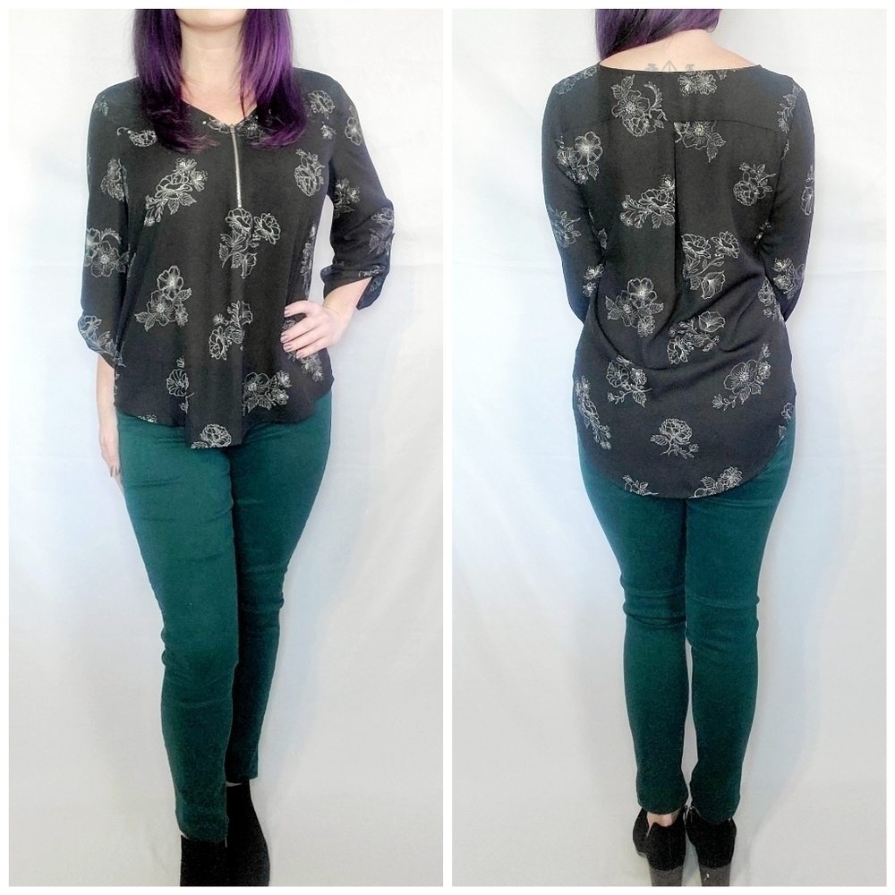 Maurices Floral Semi-Sheer Quarter Sleeve V-Neck Top
